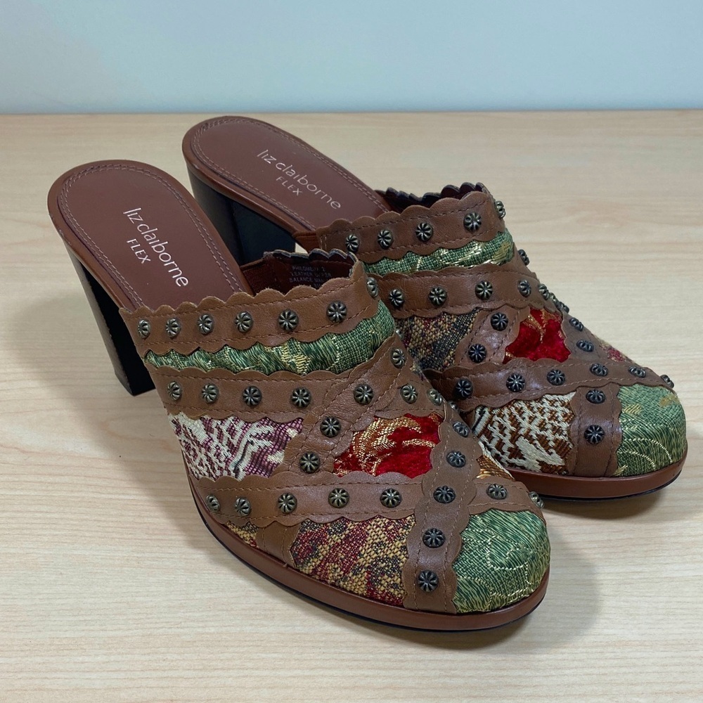 Liz Claiborne Brown Multicolor Embroidered Leather Mules